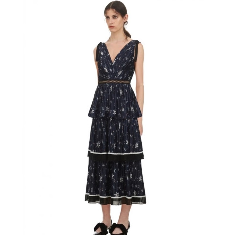 Self Portrait Women's Tiered Star Satin Printed Midi Dress Navy Floral